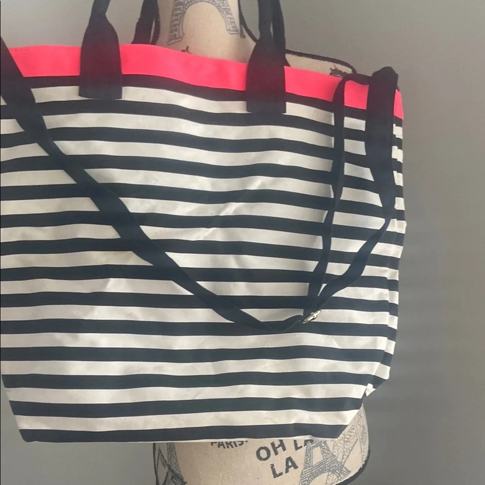Victoria's Secret Black and Pink Striped Tote Bag
